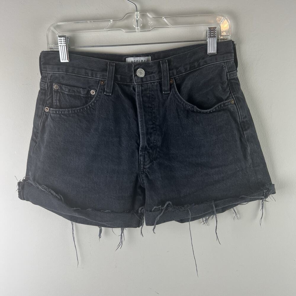 AGOLDE Riley Denim Shorts Women’s 27 Black Distressed Button Fly